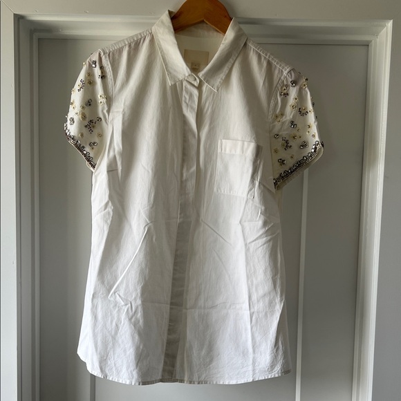 J. Crew Collection White Short Sleeve Button Down Shirt Floral Embellishments - Picture 1 of 8